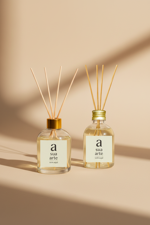 Dois modelos de difusor de varetas personalizado 220 ml com tampas douradas e etiquetas personalizadas