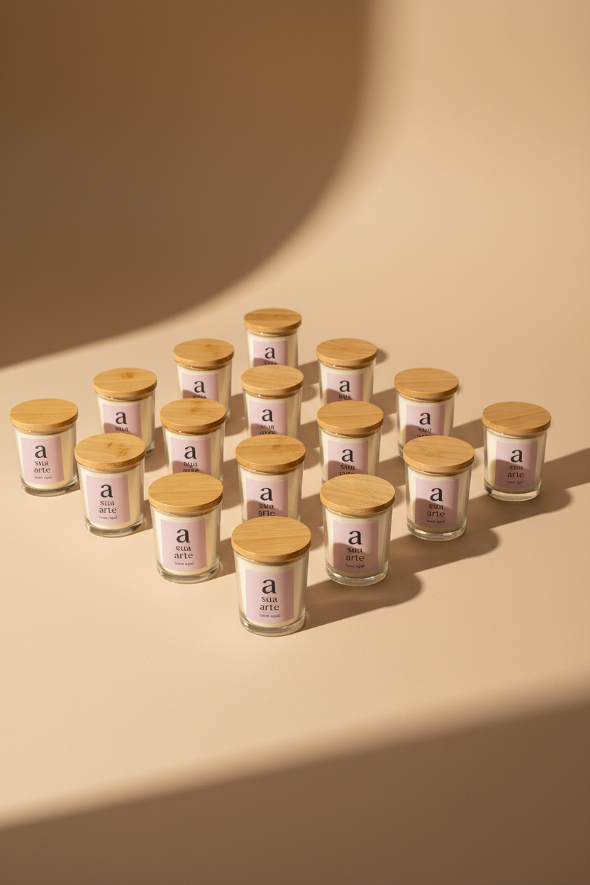 Kit com velas aromáticas personalizadas 55g em vidro para lembrança de casamento e brinde corporativo – Ambaris